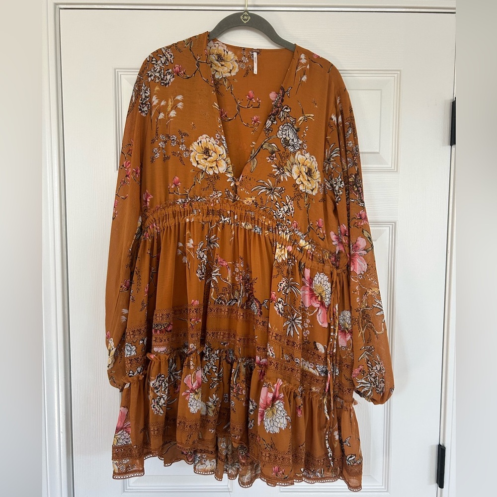 Free People Floral Long Sleeve Dress in Brown and Pink